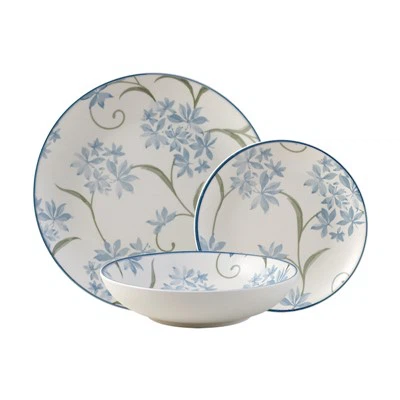 Blaues Glockenblumen-Tampondruck-Steinzeug-Set, 12-teilig, matt glasiert, Service für 4 Personen