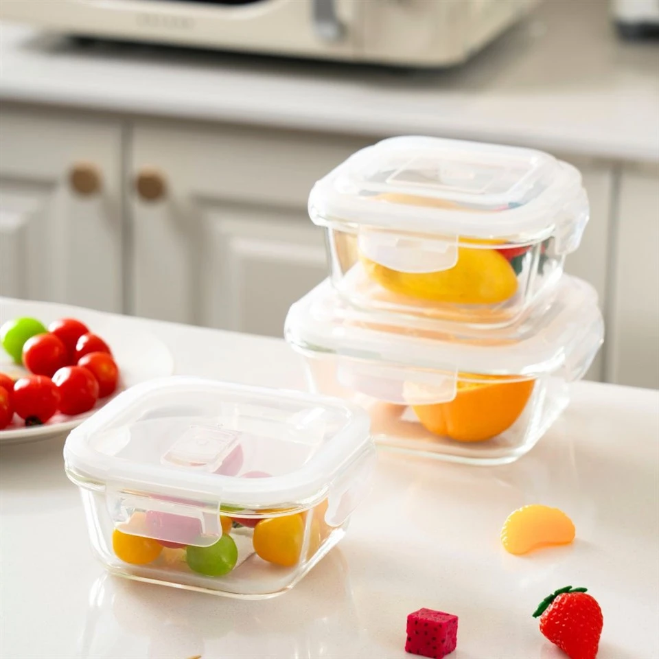 Premium 370 ml quadratische Glasfutterbehälter mit Deckel-3-teiliger Set